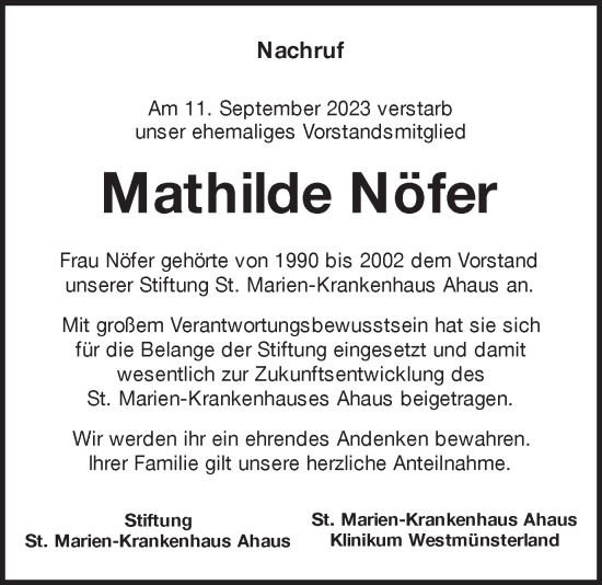 Traueranzeige von Mathilde Nöfer von Münstersche Zeitung und Münsterland Zeitung