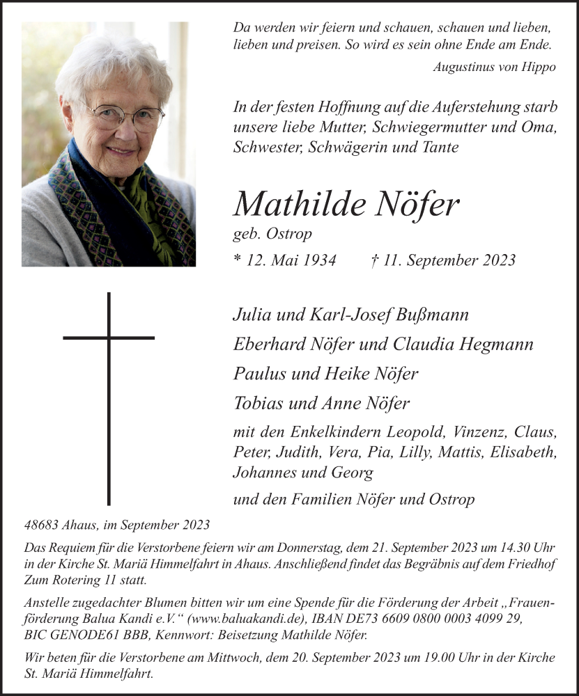  Traueranzeige für Mathilde Nöfer vom 16.09.2023 aus Münstersche Zeitung und Münsterland Zeitung
