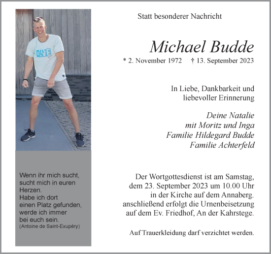 Traueranzeige von Michael Budde von Ruhr Nachrichten und Halterner Zeitung