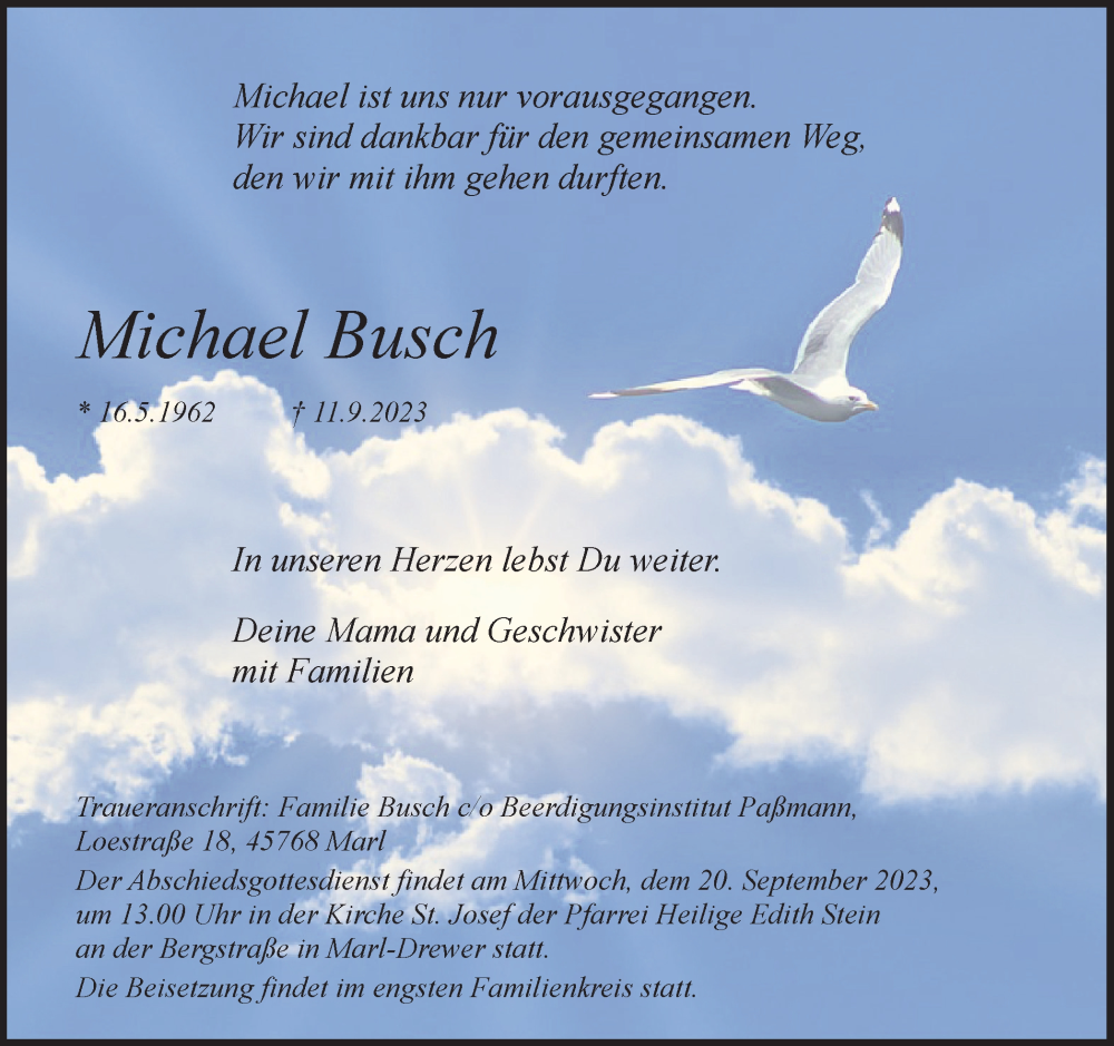  Traueranzeige für Michael  Busch vom 16.09.2023 aus Medienhaus Bauer