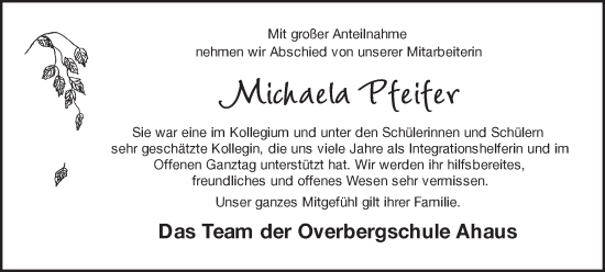 Traueranzeige von Michaela Pfeifer von Münstersche Zeitung und Münsterland Zeitung
