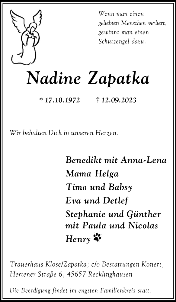  Traueranzeige für Nadine Zapatka vom 16.09.2023 aus Medienhaus Bauer