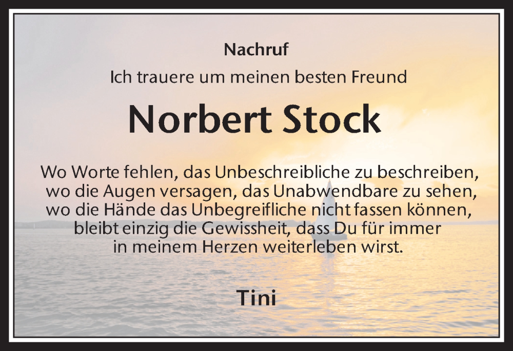  Traueranzeige für Norbert Stock vom 30.09.2023 aus Medienhaus Bauer
