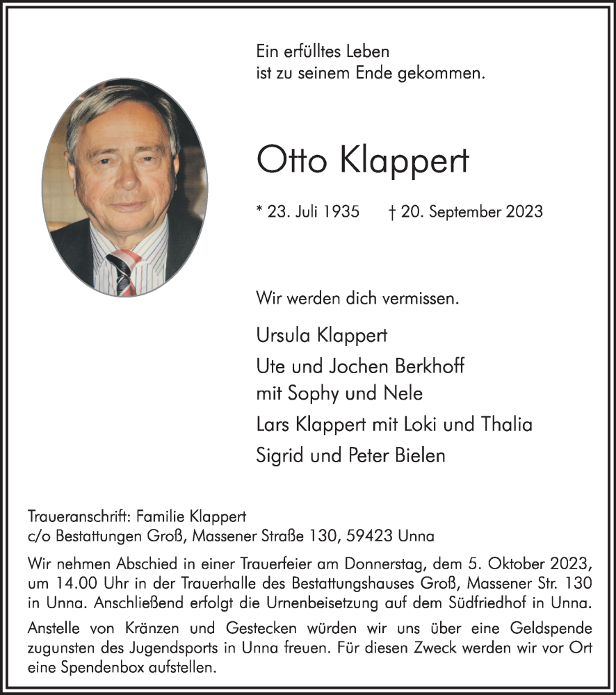  Traueranzeige für Otto Klappert vom 30.09.2023 aus Hellweger Anzeiger