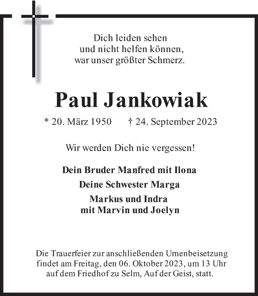  Traueranzeige für Paul Jankowiak vom 27.09.2023 aus Ruhr Nachrichten
