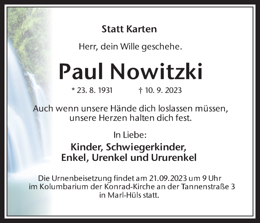  Traueranzeige für Paul Nowitzki vom 16.09.2023 aus Medienhaus Bauer