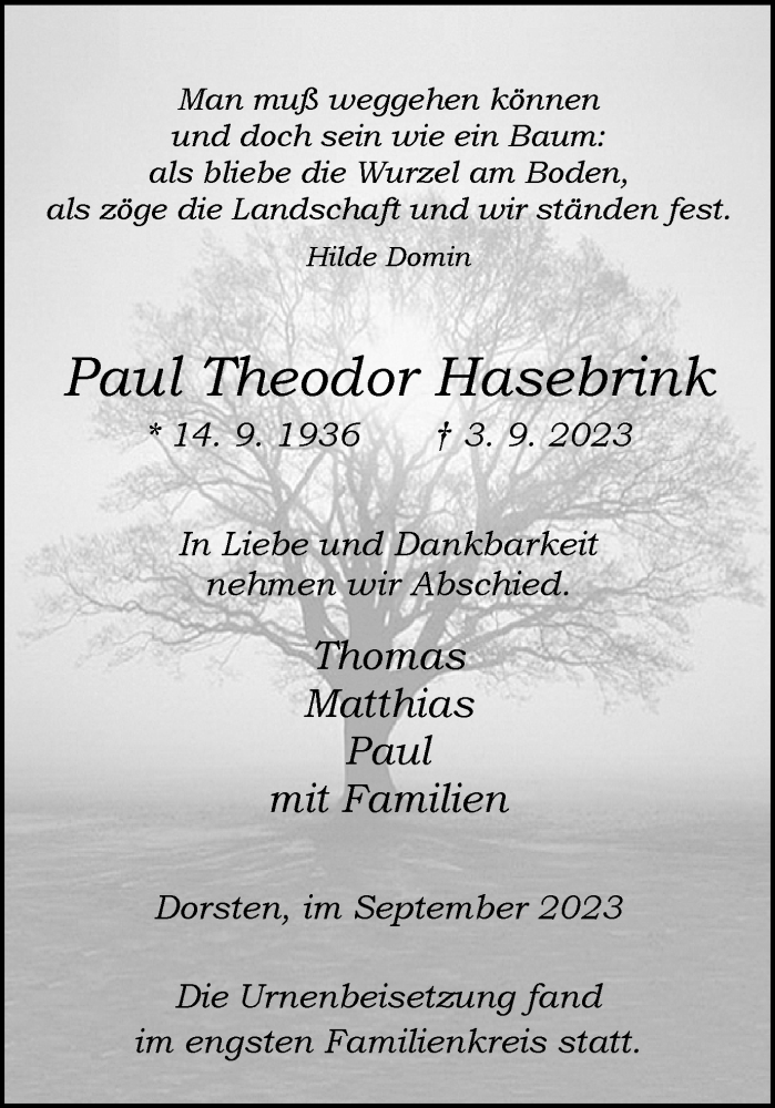  Traueranzeige für Paul Theodor Hasebrink vom 15.09.2023 aus Ruhr Nachrichten und Dorstener Zeitung