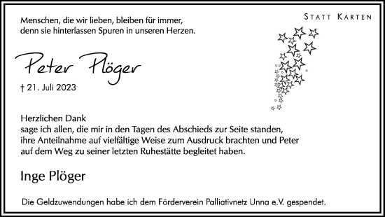 Traueranzeige von Peter Plöger von Hellweger Anzeiger