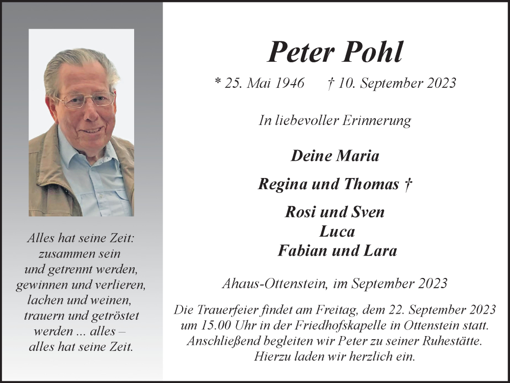  Traueranzeige für Peter Pohl vom 16.09.2023 aus Münstersche Zeitung und Münsterland Zeitung