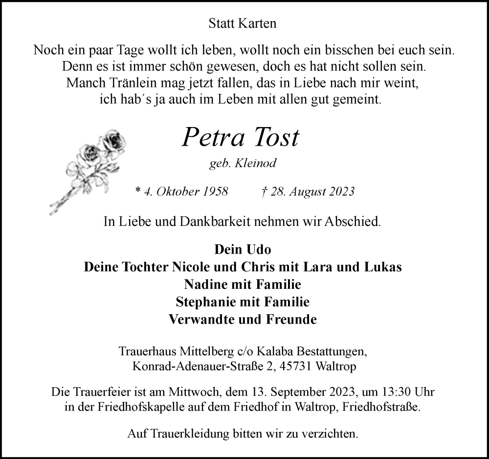  Traueranzeige für Petra Tost vom 09.09.2023 aus Medienhaus Bauer