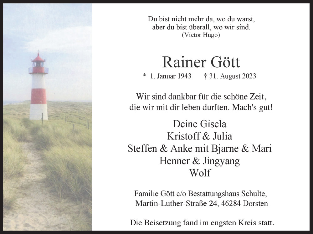  Traueranzeige für Rainer Gött vom 23.09.2023 aus Ruhr Nachrichten und Dorstener Zeitung