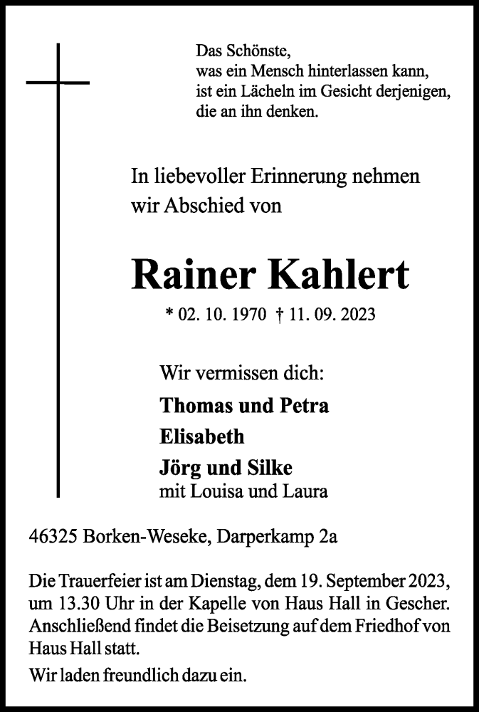  Traueranzeige für Rainer Kahlert vom 16.09.2023 aus Münstersche Zeitung und Münsterland Zeitung