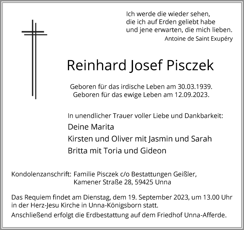  Traueranzeige für Reinhard Josef Pisczek vom 16.09.2023 aus Hellweger Anzeiger