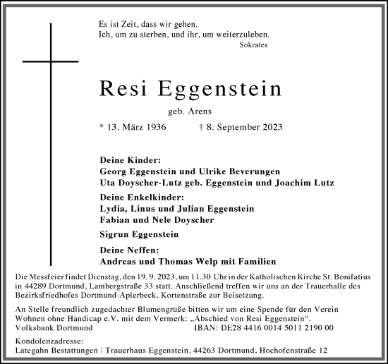 Traueranzeige von Resi Eggenstein 