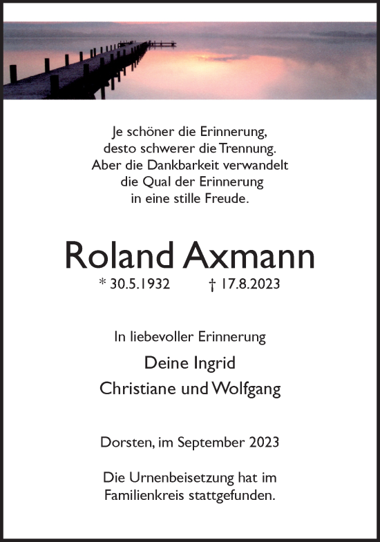Traueranzeige von Roland Axmann von Ruhr Nachrichten und Dorstener Zeitung