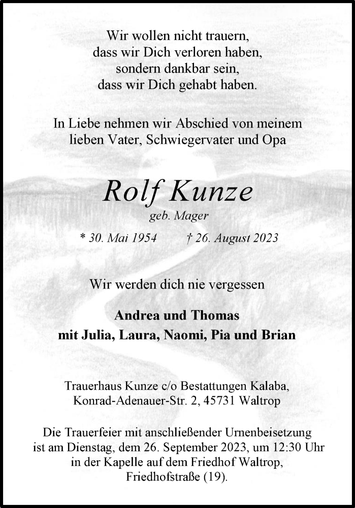  Traueranzeige für Rolf Kunze vom 23.09.2023 aus Medienhaus Bauer