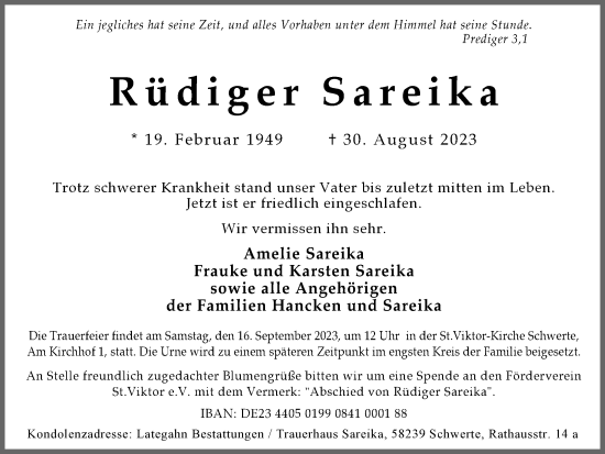 Traueranzeige von Rüdiger Sareika von Ruhr Nachrichten