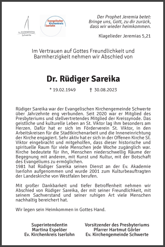 Traueranzeige von Rüdiger Sareika von Ruhr Nachrichten