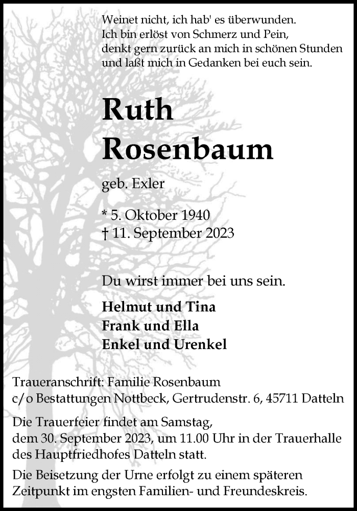  Traueranzeige für Ruth Rosenbaum vom 16.09.2023 aus Medienhaus Bauer