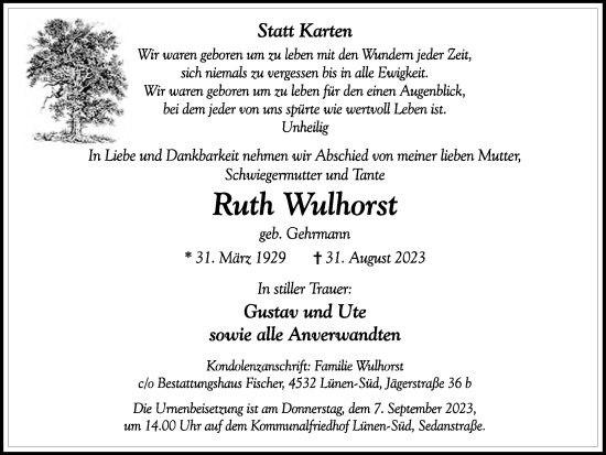 Traueranzeige von Ruth Wulhorst von Ruhr Nachrichten