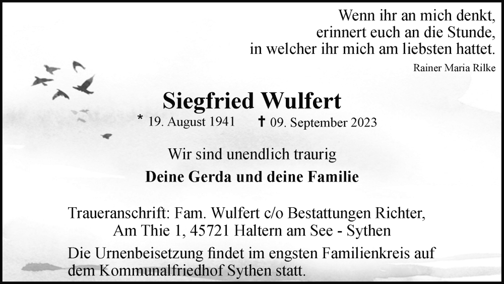  Traueranzeige für Siegfried Wulfert vom 16.09.2023 aus Ruhr Nachrichten und Halterner Zeitung