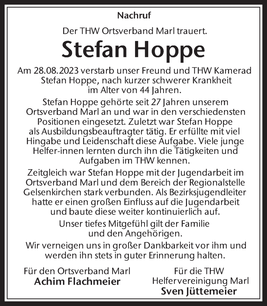  Traueranzeige für Stefan Hoppe vom 02.09.2023 aus Medienhaus Bauer