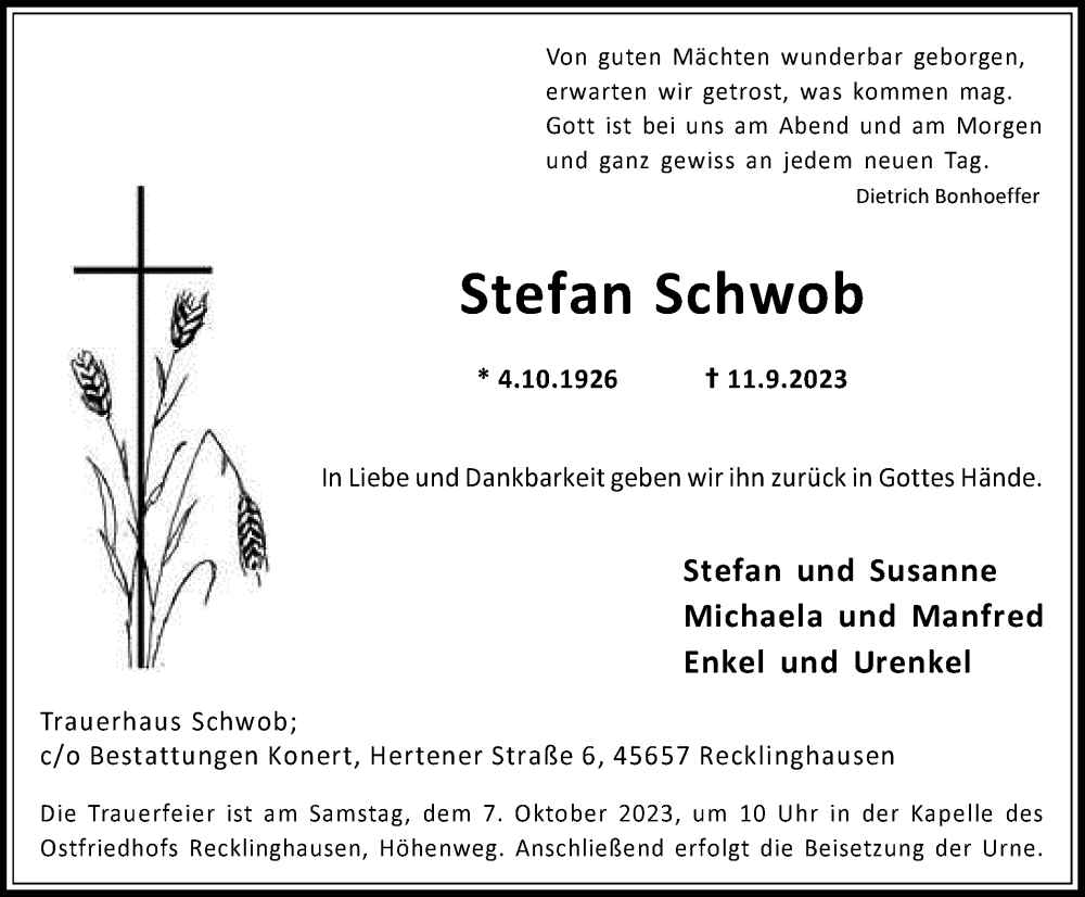  Traueranzeige für Stefan Schwob vom 16.09.2023 aus Medienhaus Bauer