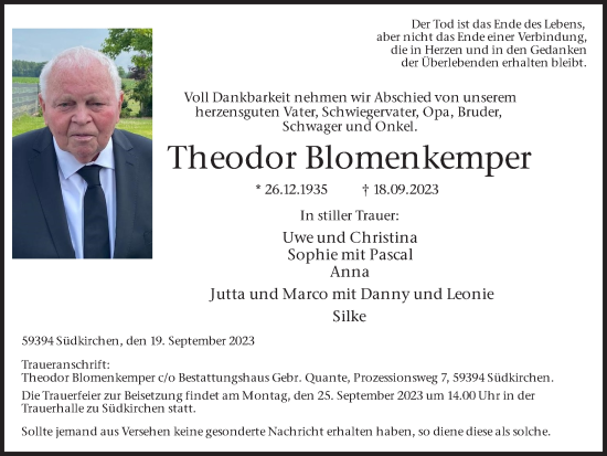 Traueranzeige von Theodor Blomenkemper von Ruhr Nachrichten