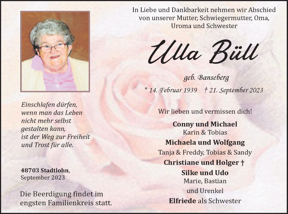  Traueranzeige für Ulla Büll vom 27.09.2023 aus Münstersche Zeitung und Münsterland Zeitung