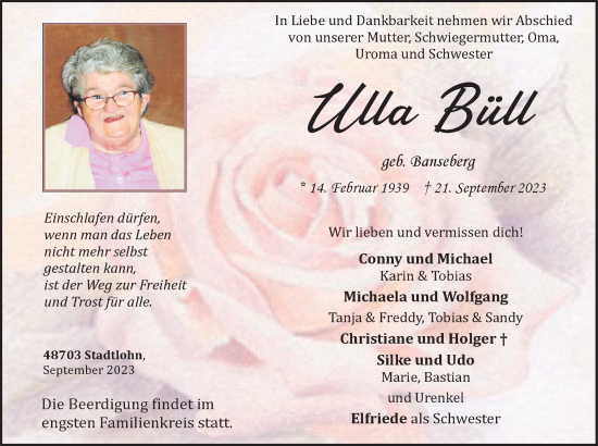 Traueranzeige von Ulla Büll von Münstersche Zeitung und Münsterland Zeitung