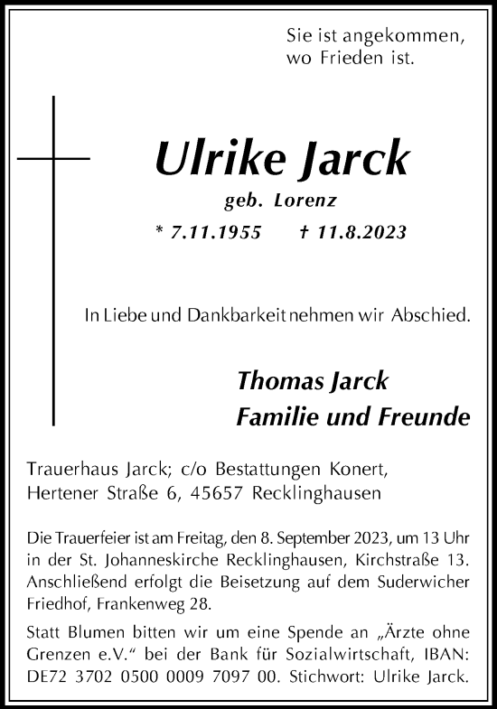 Traueranzeige von Ulrike Jarck von Medienhaus Bauer
