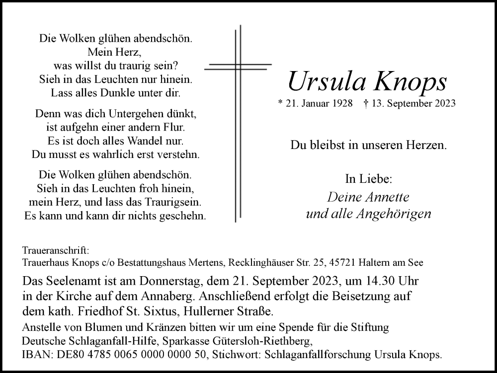  Traueranzeige für Ursula Knops vom 14.09.2023 aus Ruhr Nachrichten und Halterner Zeitung