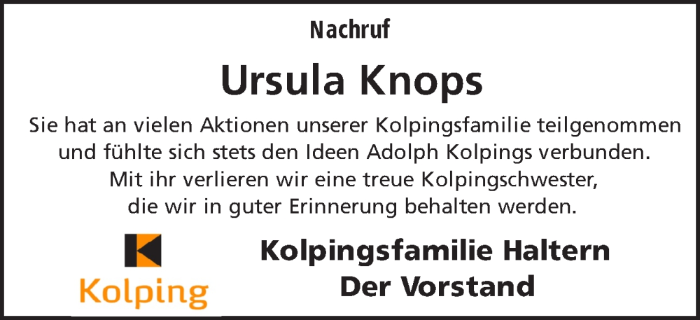  Traueranzeige für Ursula Knops vom 20.09.2023 aus Ruhr Nachrichten und Halterner Zeitung