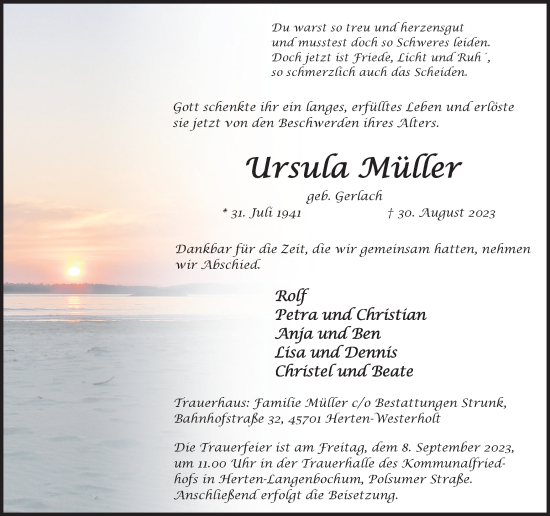 Traueranzeige von Ursula Müller von Medienhaus Bauer