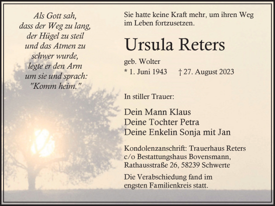 Traueranzeige von Ursula Reters von Ruhr Nachrichten