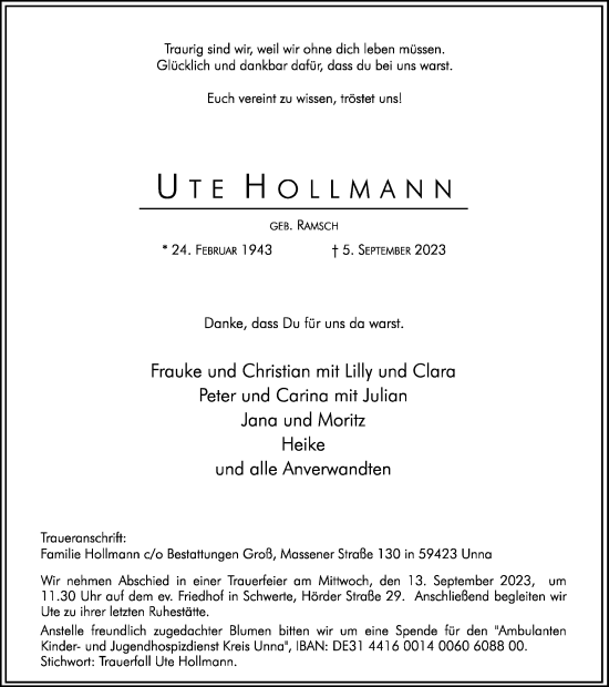 Traueranzeige von Ute Hollmann 