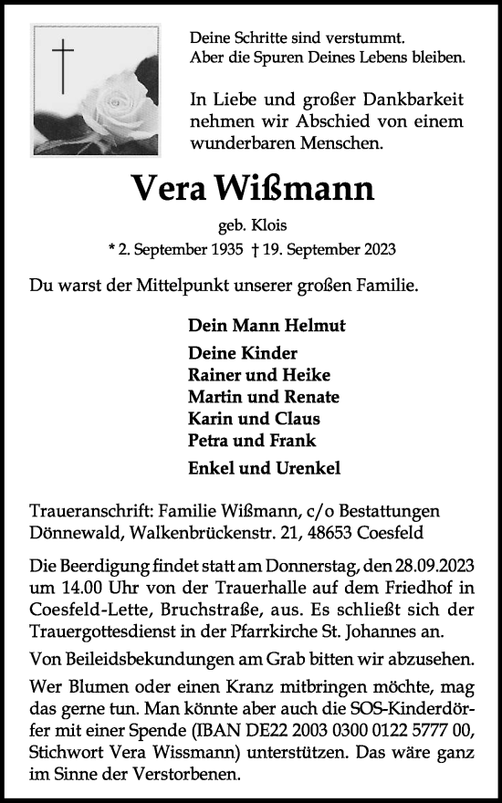 Traueranzeige von Vera Wißmann von Ruhr Nachrichten