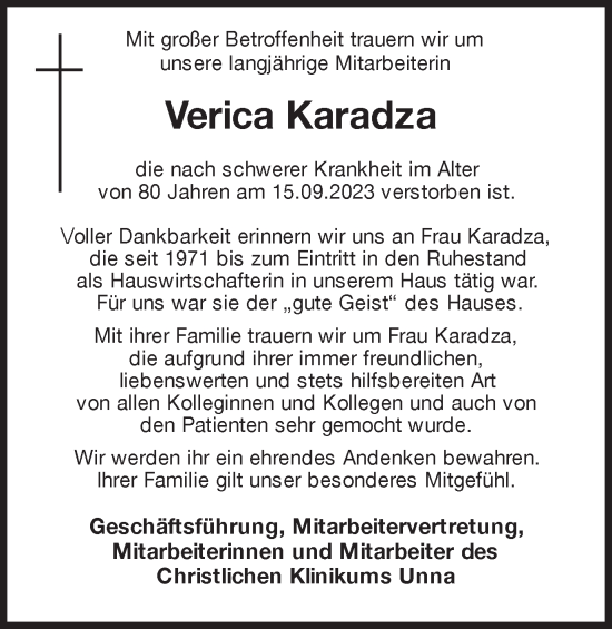 Traueranzeige von Verica Karadza