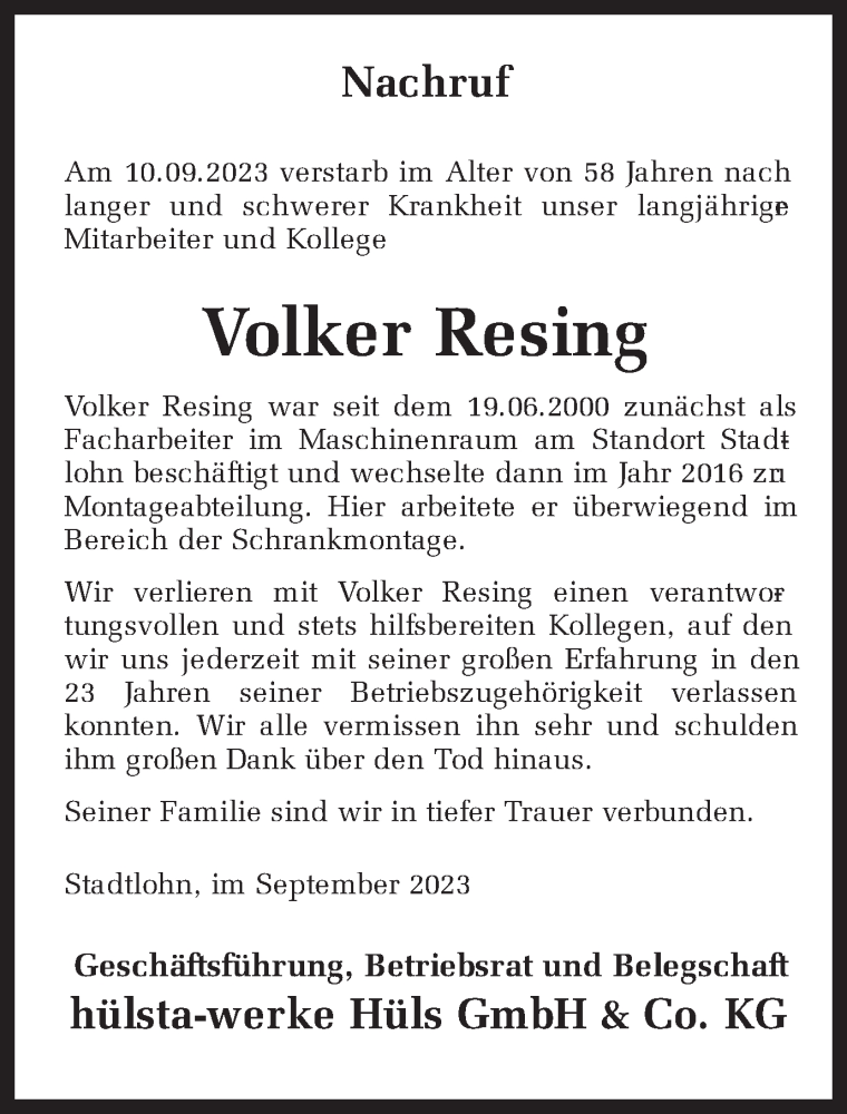  Traueranzeige für Volker Resing vom 15.09.2023 aus Münstersche Zeitung und Münsterland Zeitung