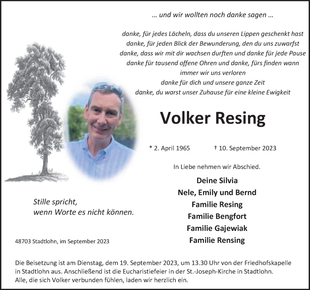  Traueranzeige für Volker Resing vom 14.09.2023 aus Münstersche Zeitung und Münsterland Zeitung