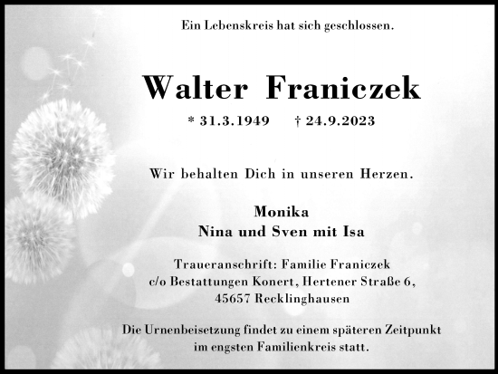 Traueranzeige von Walter Franiczek von Medienhaus Bauer