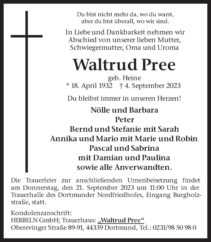  Traueranzeige für Waltrud Pree vom 16.09.2023 aus 