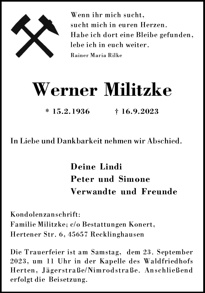  Traueranzeige für Werner Militzke vom 20.09.2023 aus Medienhaus Bauer