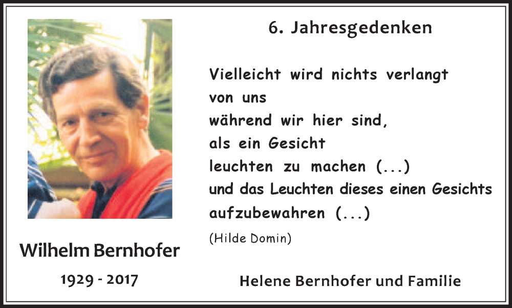  Traueranzeige für Wilhelm Bernhofer vom 23.09.2023 aus Medienhaus Bauer