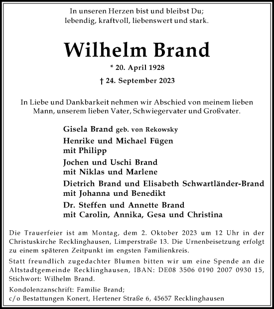 Traueranzeige von Wilhelm Brand 