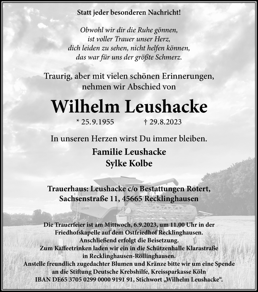  Traueranzeige für Wilhelm Leushacke vom 02.09.2023 aus Medienhaus Bauer