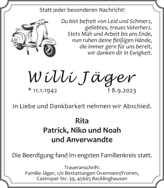 Traueranzeige von Willi Jäger von Medienhaus Bauer
