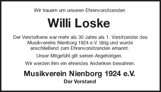 Traueranzeige von Willi Loske von Münstersche Zeitung und Münsterland Zeitung