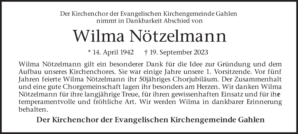  Traueranzeige für Wilma Nötzelmann vom 26.09.2023 aus Ruhr Nachrichten und Dorstener Zeitung