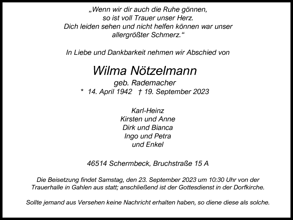  Traueranzeige für Wilma Nötzelmann vom 21.09.2023 aus Ruhr Nachrichten und Dorstener Zeitung
